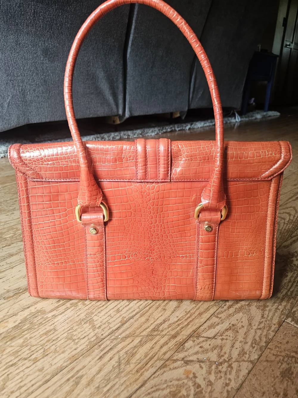 Francesco Biasia Italian Leather Croc Embossed Coral Orange Satchel Handbag Gold